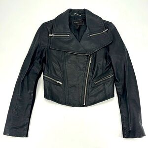 UEC BCBG Maxazria black leather cropped motto jacket size 4